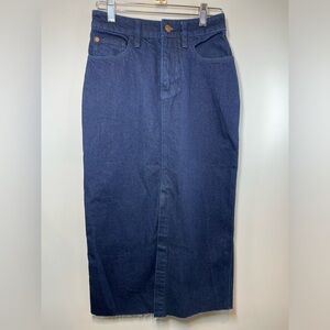 NWT Free People Dark Blue Wash Raw Hem Western Denim Maxi Skirt Size 24 Waist